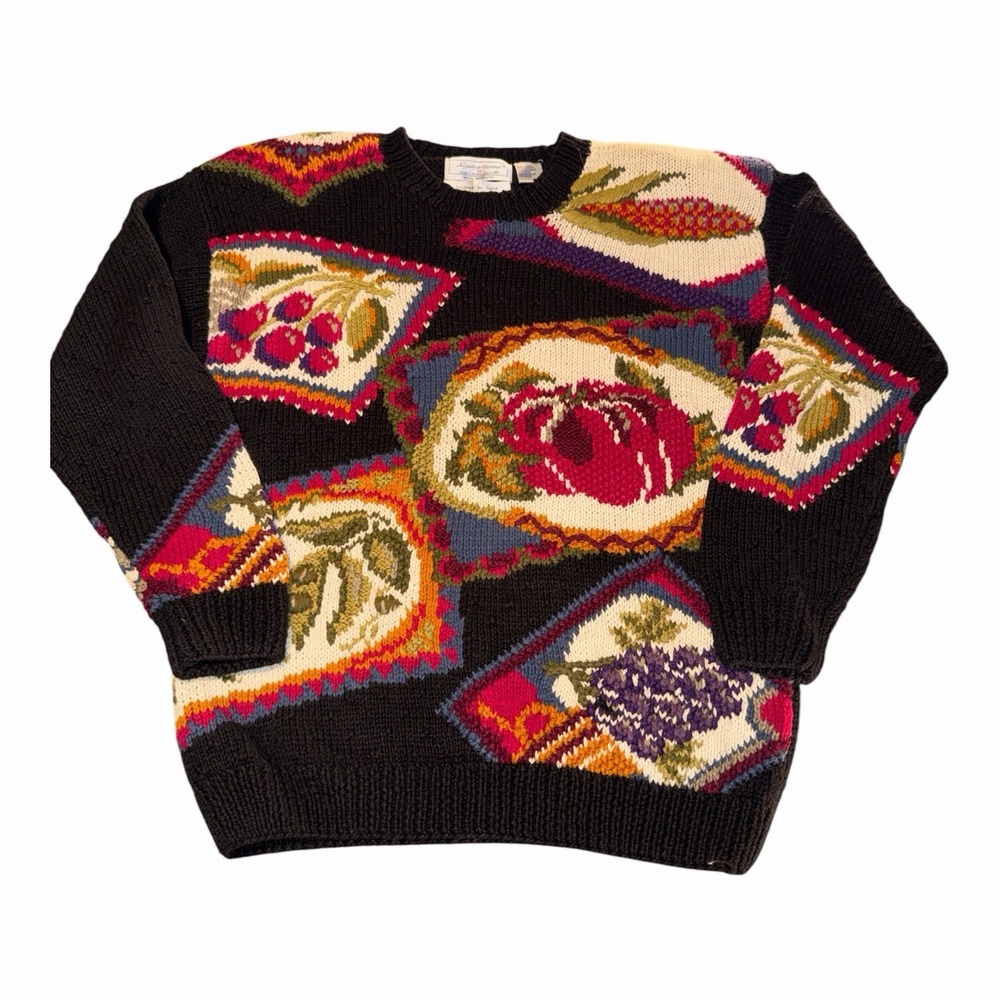 Vintage 80s Signature By Northern Isles Hand Knit Fruit Patchwork Small